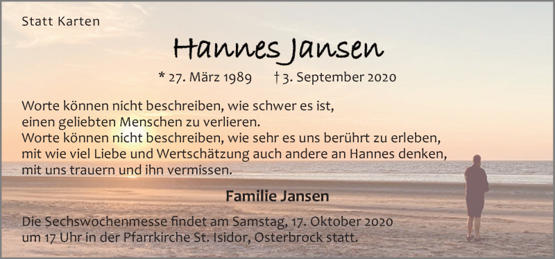  Traueranzeige für Hannes Jansen vom 14.10.2020 aus Neue Osnabrücker Zeitung GmbH & Co. KG