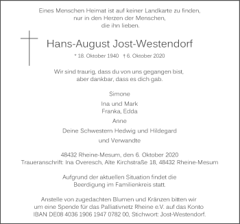 Traueranzeige von Hans-August Jost-Westendorf von Neue Osnabrücker Zeitung GmbH & Co. KG