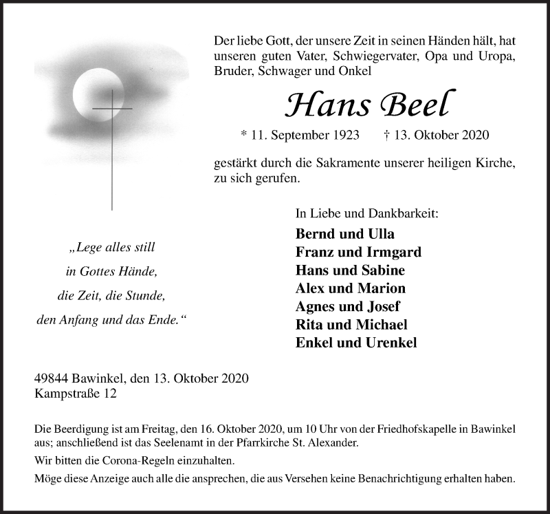  Traueranzeige für Hans Beel vom 15.10.2020 aus Neue Osnabrücker Zeitung GmbH & Co. KG
