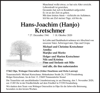 Traueranzeige von Hans-Joachim Kretschmer von Neue Osnabrücker Zeitung GmbH & Co. KG