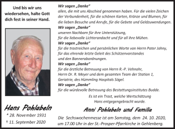 Traueranzeige von Hans Pohlabeln von Neue Osnabrücker Zeitung GmbH & Co. KG