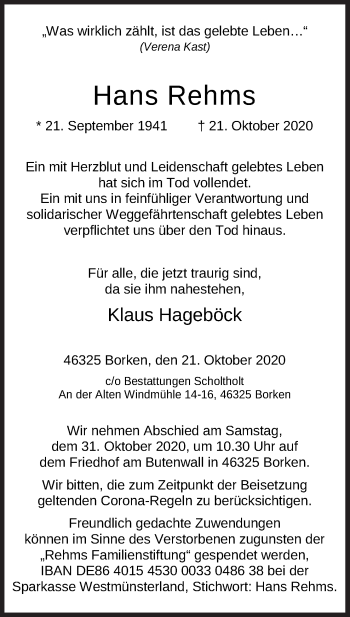 Traueranzeige von Hans Rehms von Neue Osnabrücker Zeitung GmbH & Co. KG