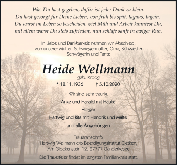 Traueranzeige von Heide Wellmann von Neue Osnabrücker Zeitung GmbH & Co. KG