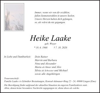 Traueranzeige von Heike Laake von Neue Osnabrücker Zeitung GmbH & Co. KG