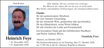 Traueranzeige von Heinrich Feye von Neue Osnabrücker Zeitung GmbH & Co. KG