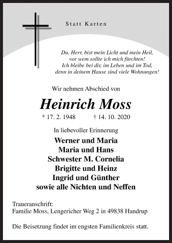 Traueranzeige von Heinrich Moss von Neue Osnabrücker Zeitung GmbH & Co. KG