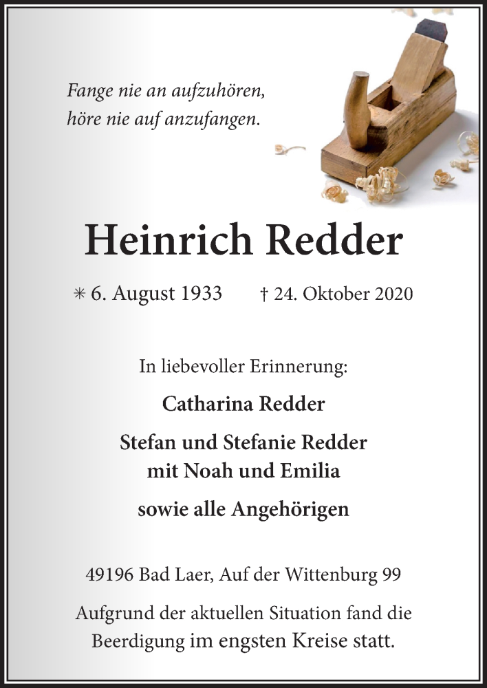  Traueranzeige für Heinrich Redder vom 30.10.2020 aus Neue Osnabrücker Zeitung GmbH & Co. KG