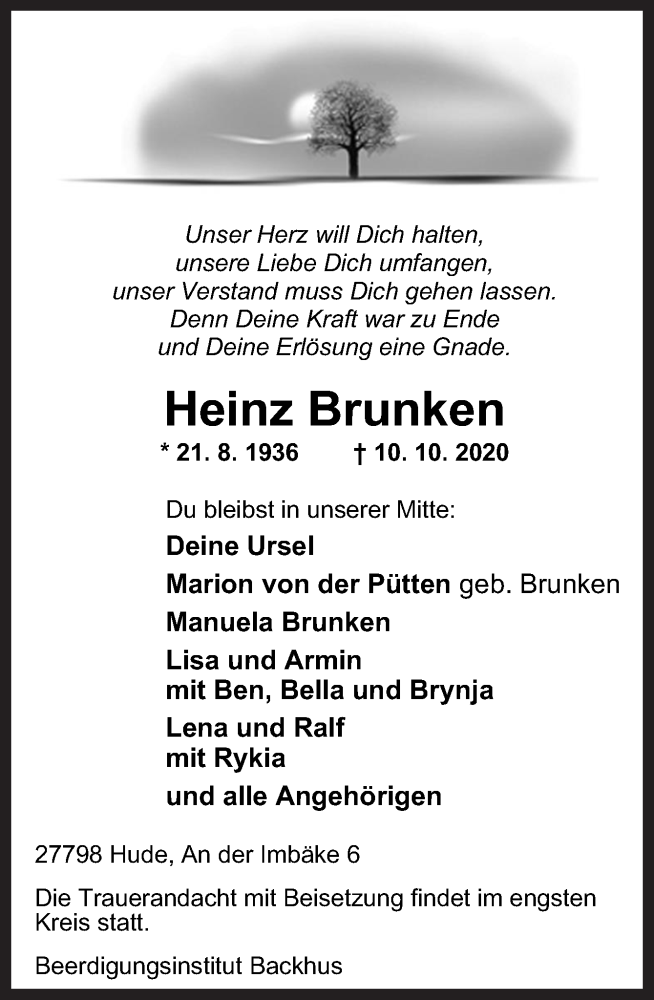  Traueranzeige für Heinz Brunken vom 13.10.2020 aus Neue Osnabrücker Zeitung GmbH & Co. KG