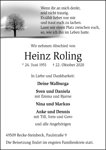 Traueranzeige von Heinz Roling von Neue Osnabrücker Zeitung GmbH & Co. KG