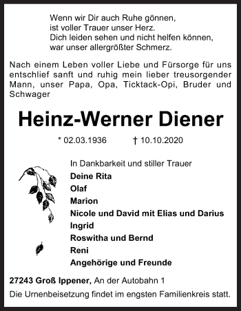 Traueranzeige von Heinz-Werner Diener von Neue Osnabrücker Zeitung GmbH & Co. KG