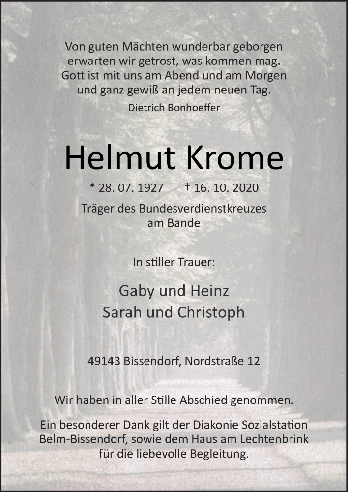  Traueranzeige für Helmut Krome vom 24.10.2020 aus Neue Osnabrücker Zeitung GmbH & Co. KG