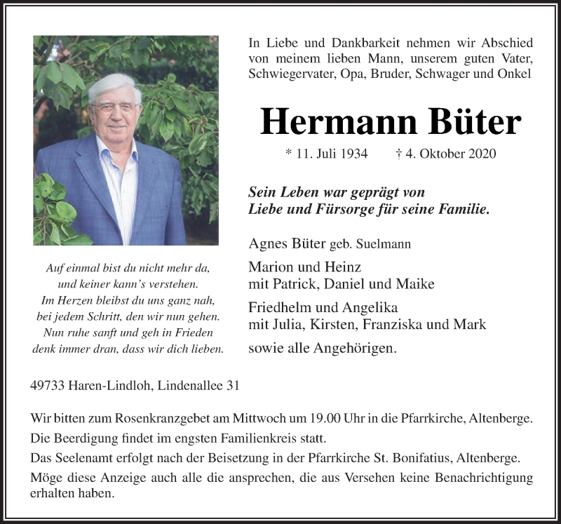  Traueranzeige für Hermann Büter vom 06.10.2020 aus Neue Osnabrücker Zeitung GmbH & Co. KG