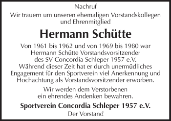 Traueranzeige von Hermann Schütte von Neue Osnabrücker Zeitung GmbH & Co. KG