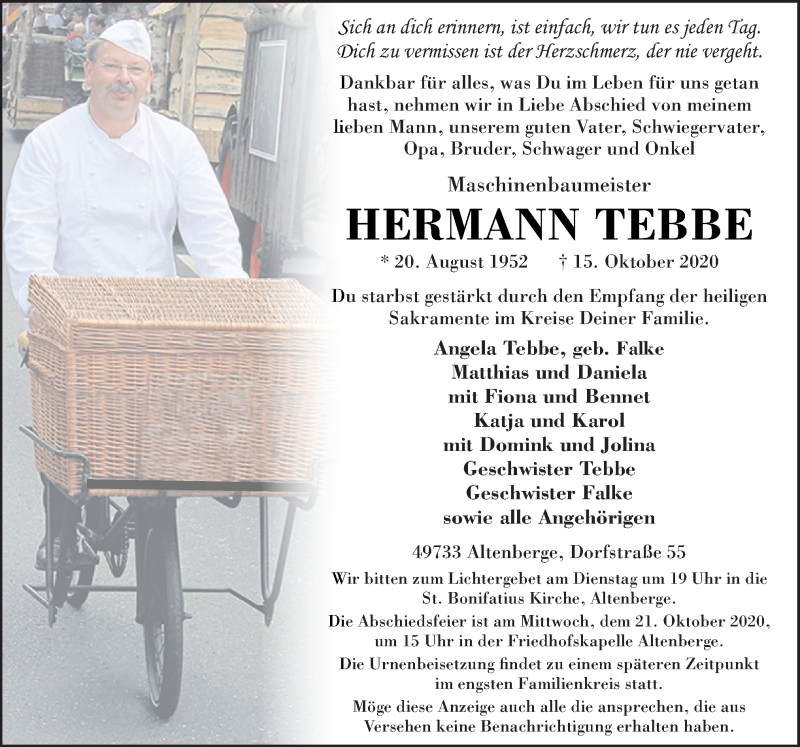  Traueranzeige für Hermann Tebbe vom 17.10.2020 aus Neue Osnabrücker Zeitung GmbH & Co. KG