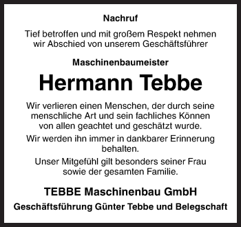 Traueranzeige von Hermann Tebbe von Neue Osnabrücker Zeitung GmbH & Co. KG