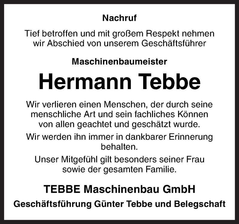  Traueranzeige für Hermann Tebbe vom 24.10.2020 aus Neue Osnabrücker Zeitung GmbH & Co. KG