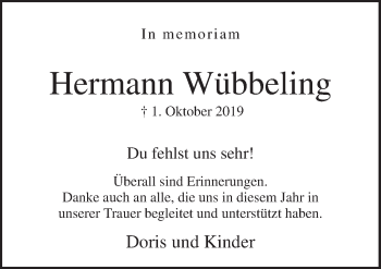 Traueranzeige von Hermann Wübbeling von Neue Osnabrücker Zeitung GmbH & Co. KG