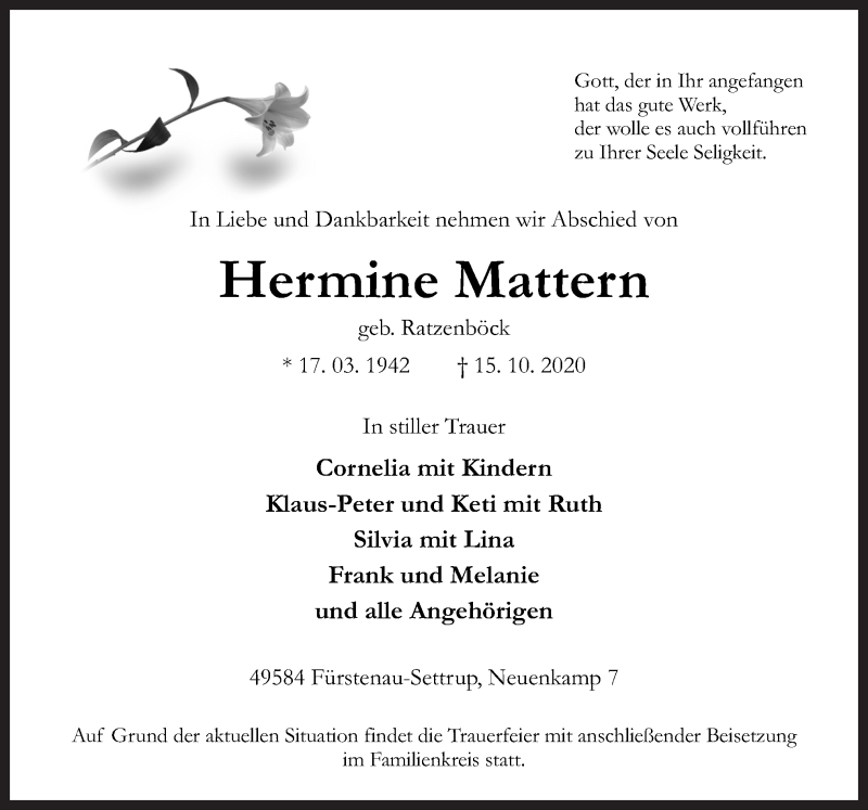  Traueranzeige für Hermine Mattern vom 19.10.2020 aus Neue Osnabrücker Zeitung GmbH & Co. KG