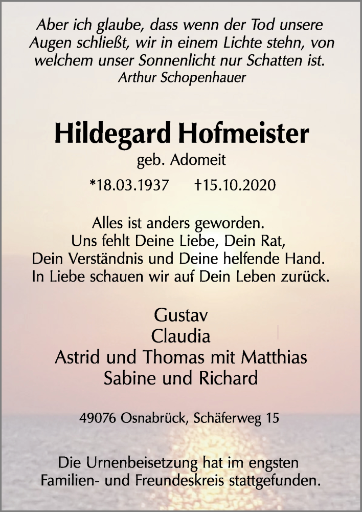  Traueranzeige für Hildegard Hofmeister vom 24.10.2020 aus Neue Osnabrücker Zeitung GmbH & Co. KG
