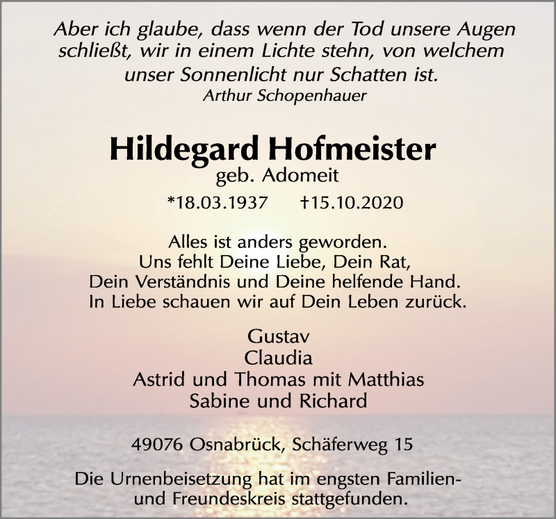  Traueranzeige für Hildegard Hofmeister vom 24.10.2020 aus Neue Osnabrücker Zeitung GmbH & Co. KG