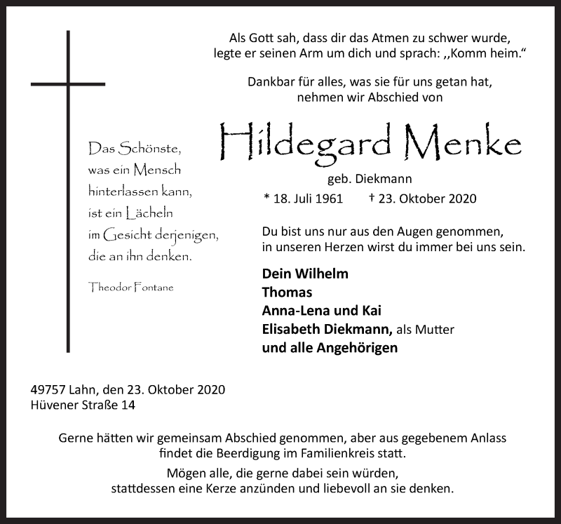  Traueranzeige für Hildegard Menke vom 28.10.2020 aus Neue Osnabrücker Zeitung GmbH & Co. KG