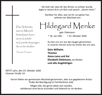 Traueranzeige von Hildegard Menke von Neue Osnabrücker Zeitung GmbH & Co. KG