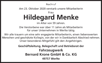 Traueranzeige von Hildegard Menke von Neue Osnabrücker Zeitung GmbH & Co. KG