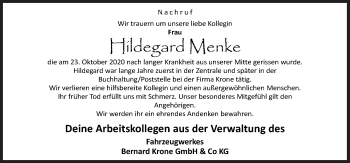 Traueranzeige von Hildegard Menke von Neue Osnabrücker Zeitung GmbH & Co. KG