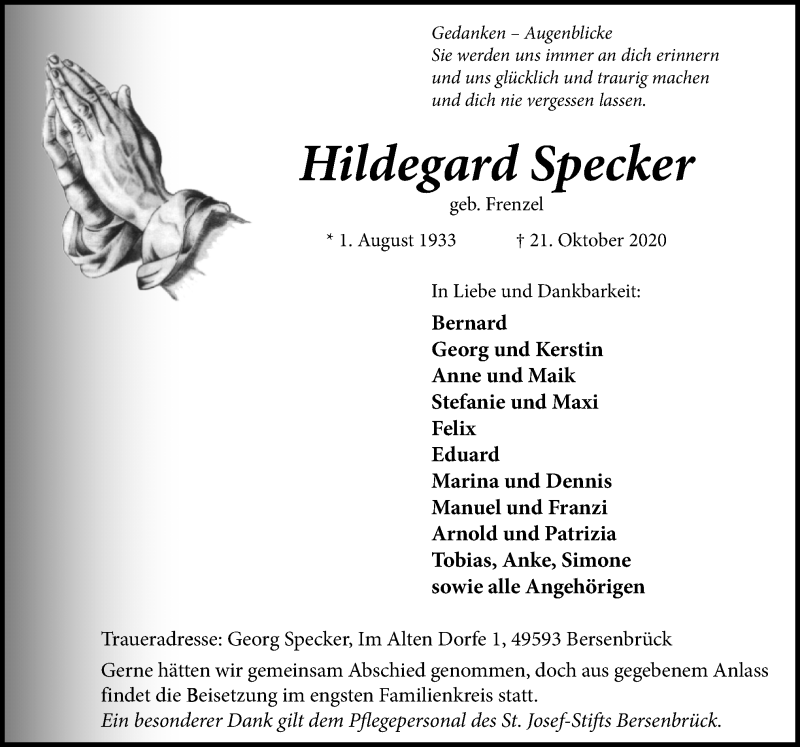  Traueranzeige für Hildegard Specker vom 23.10.2020 aus Neue Osnabrücker Zeitung GmbH & Co. KG
