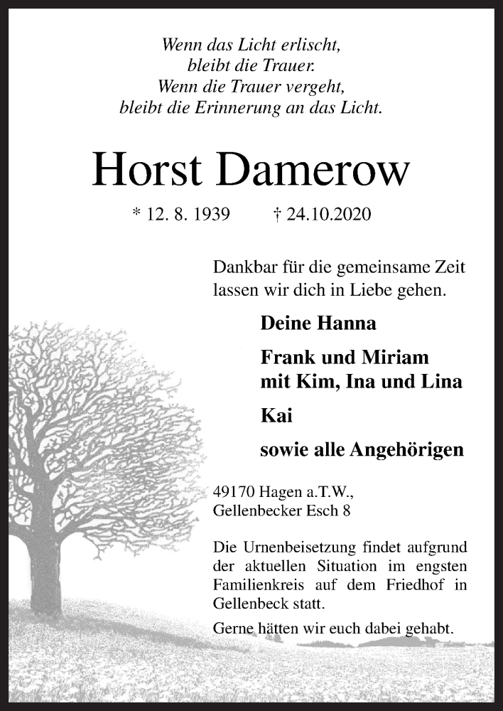  Traueranzeige für Horst Damerow vom 30.10.2020 aus Neue Osnabrücker Zeitung GmbH & Co. KG