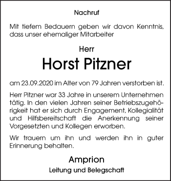 Traueranzeige von Horst Pitzner von Neue Osnabrücker Zeitung GmbH & Co. KG