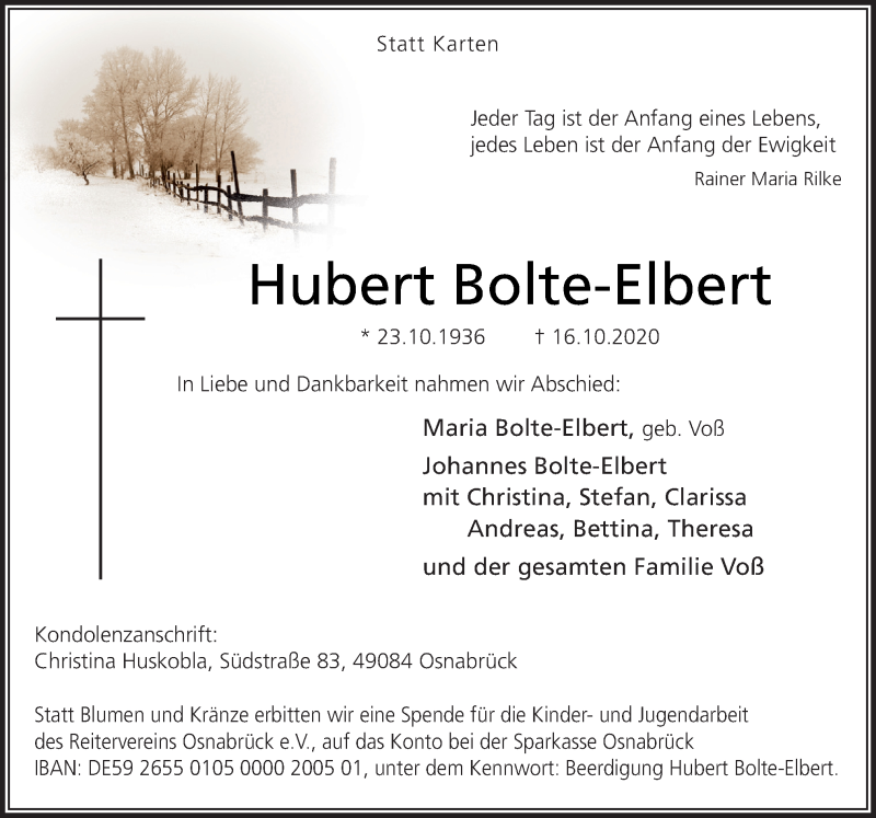  Traueranzeige für Hubert Bolte-Elbert vom 24.10.2020 aus Neue Osnabrücker Zeitung GmbH & Co. KG