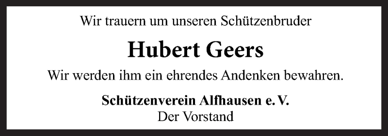  Traueranzeige für Hubert Geers vom 19.10.2020 aus Neue Osnabrücker Zeitung GmbH & Co. KG