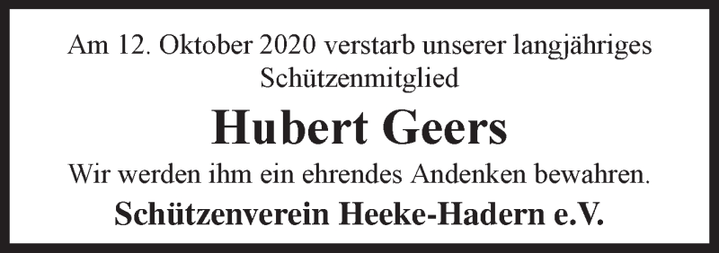  Traueranzeige für Hubert Geers vom 20.10.2020 aus Neue Osnabrücker Zeitung GmbH & Co. KG