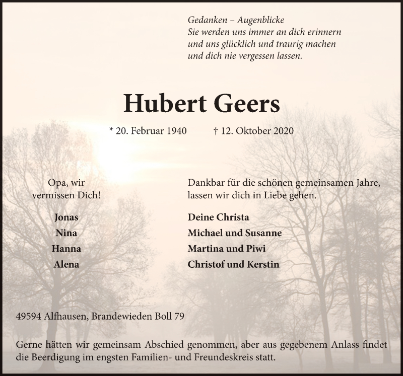  Traueranzeige für Hubert Geers vom 17.10.2020 aus Neue Osnabrücker Zeitung GmbH & Co. KG