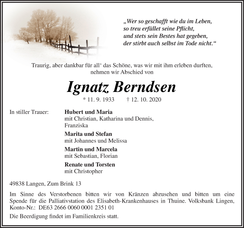  Traueranzeige für Ignatz Berndsen vom 14.10.2020 aus Neue Osnabrücker Zeitung GmbH & Co. KG
