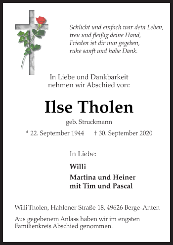 Traueranzeige von Ilse Tholen von Neue Osnabrücker Zeitung GmbH & Co. KG