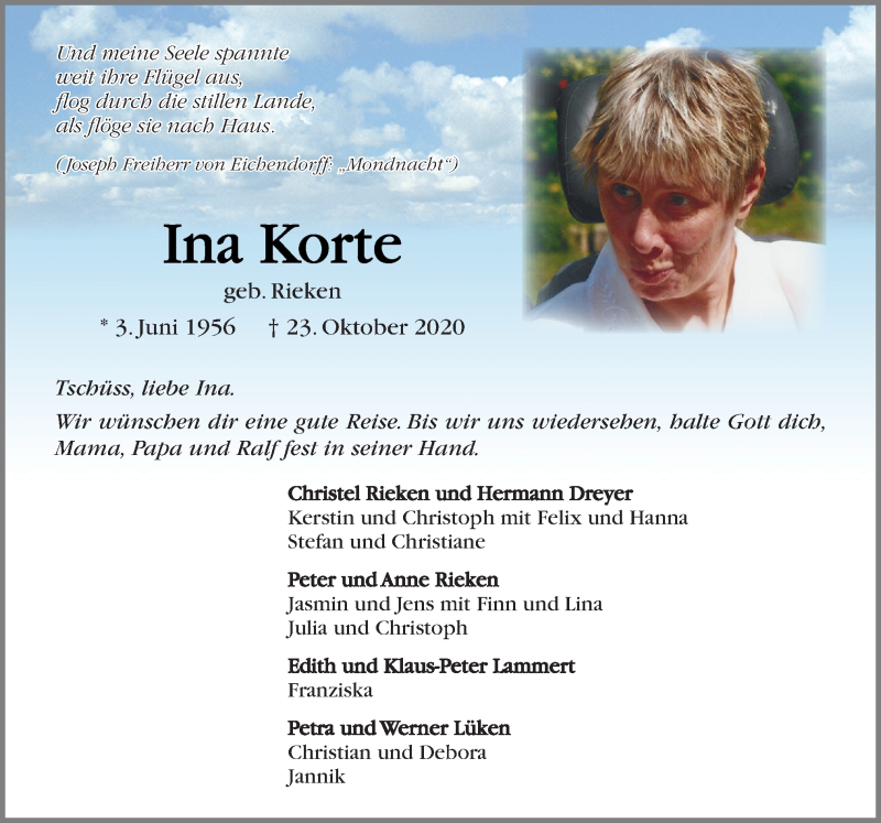  Traueranzeige für Ina Korte vom 26.10.2020 aus Neue Osnabrücker Zeitung GmbH & Co. KG