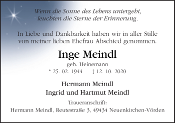Traueranzeige von Inge Meindl von Neue Osnabrücker Zeitung GmbH & Co. KG