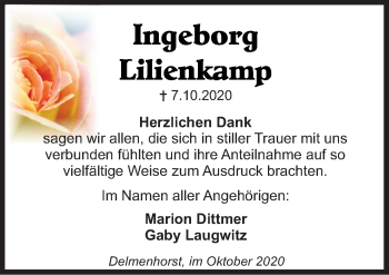 Traueranzeige von Ingeborg Lilienkamp von Neue Osnabrücker Zeitung GmbH & Co. KG