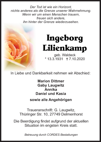 Traueranzeige von Ingeborg Lilienkamp von Neue Osnabrücker Zeitung GmbH & Co. KG