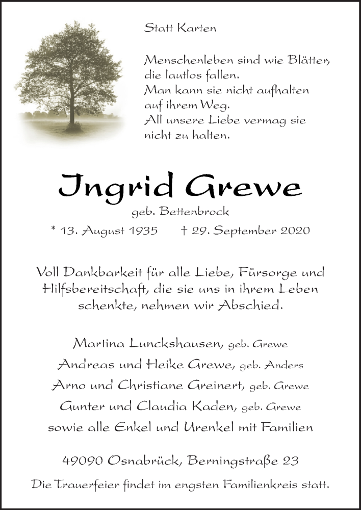  Traueranzeige für Ingrid Grewe vom 02.10.2020 aus Neue Osnabrücker Zeitung GmbH & Co. KG