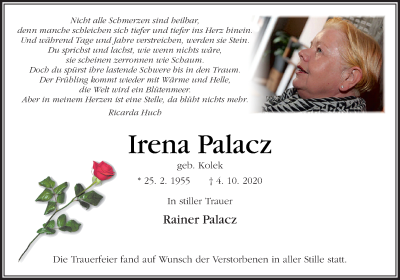  Traueranzeige für Irena Palacz vom 24.10.2020 aus Neue Osnabrücker Zeitung GmbH & Co. KG