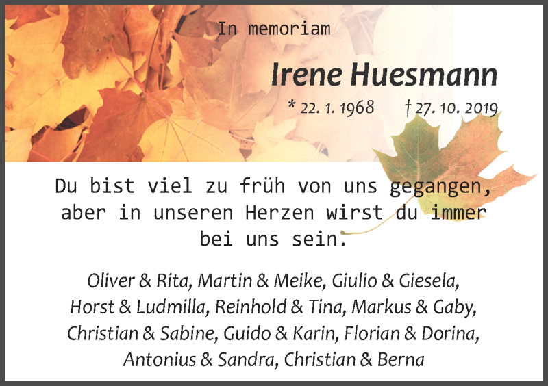  Traueranzeige für Irene Huesmann vom 27.10.2020 aus Neue Osnabrücker Zeitung GmbH & Co. KG