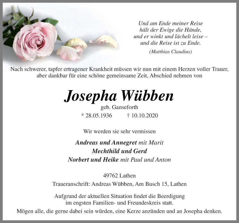  Traueranzeige für Josepha Wübben vom 12.10.2020 aus Neue Osnabrücker Zeitung GmbH & Co. KG
