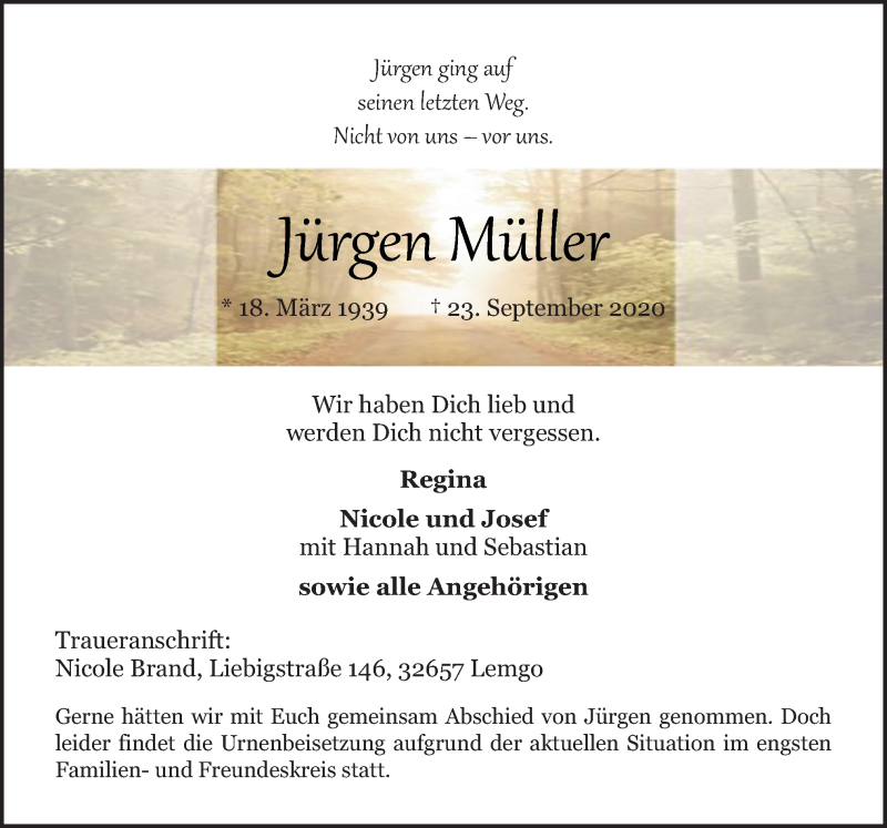  Traueranzeige für Jürgen Müller vom 10.10.2020 aus Neue Osnabrücker Zeitung GmbH & Co. KG