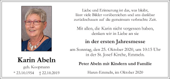 Traueranzeige von Karin Abeln von Neue Osnabrücker Zeitung GmbH & Co. KG