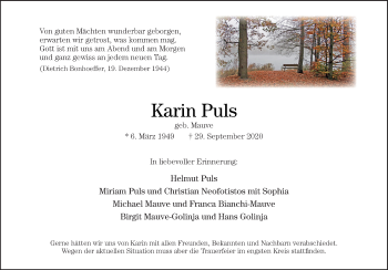 Traueranzeige von Karin Puls von Neue Osnabrücker Zeitung GmbH & Co. KG