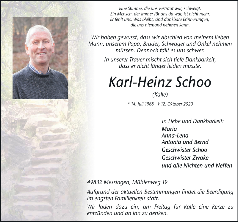  Traueranzeige für Karl-Heinz Schoo vom 15.10.2020 aus Neue Osnabrücker Zeitung GmbH & Co. KG