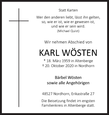 Traueranzeige von Karl Wösten von Neue Osnabrücker Zeitung GmbH & Co. KG